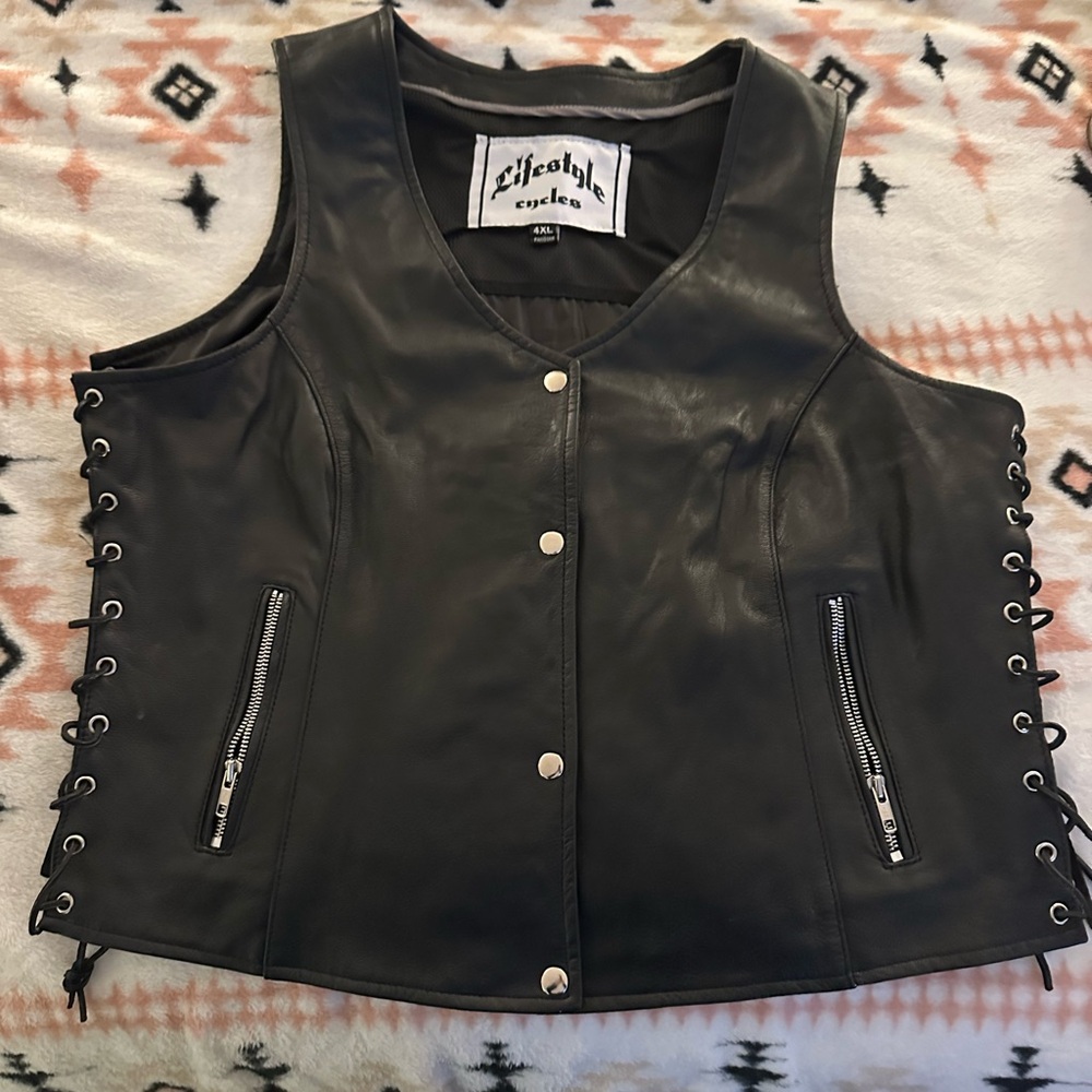 Black Leather Motorcycle Vest with Laced Sides